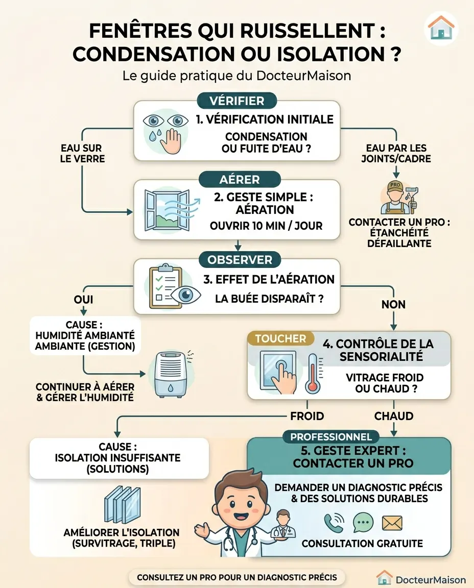 Arbre de décision pour comprendre : Fenêtres qui ruissellent : condensation ou isolation ?