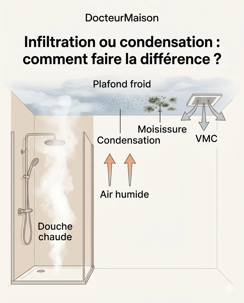 Schéma explicatif DocteurMaison : Infiltration ou condensation : comment faire la différence ?