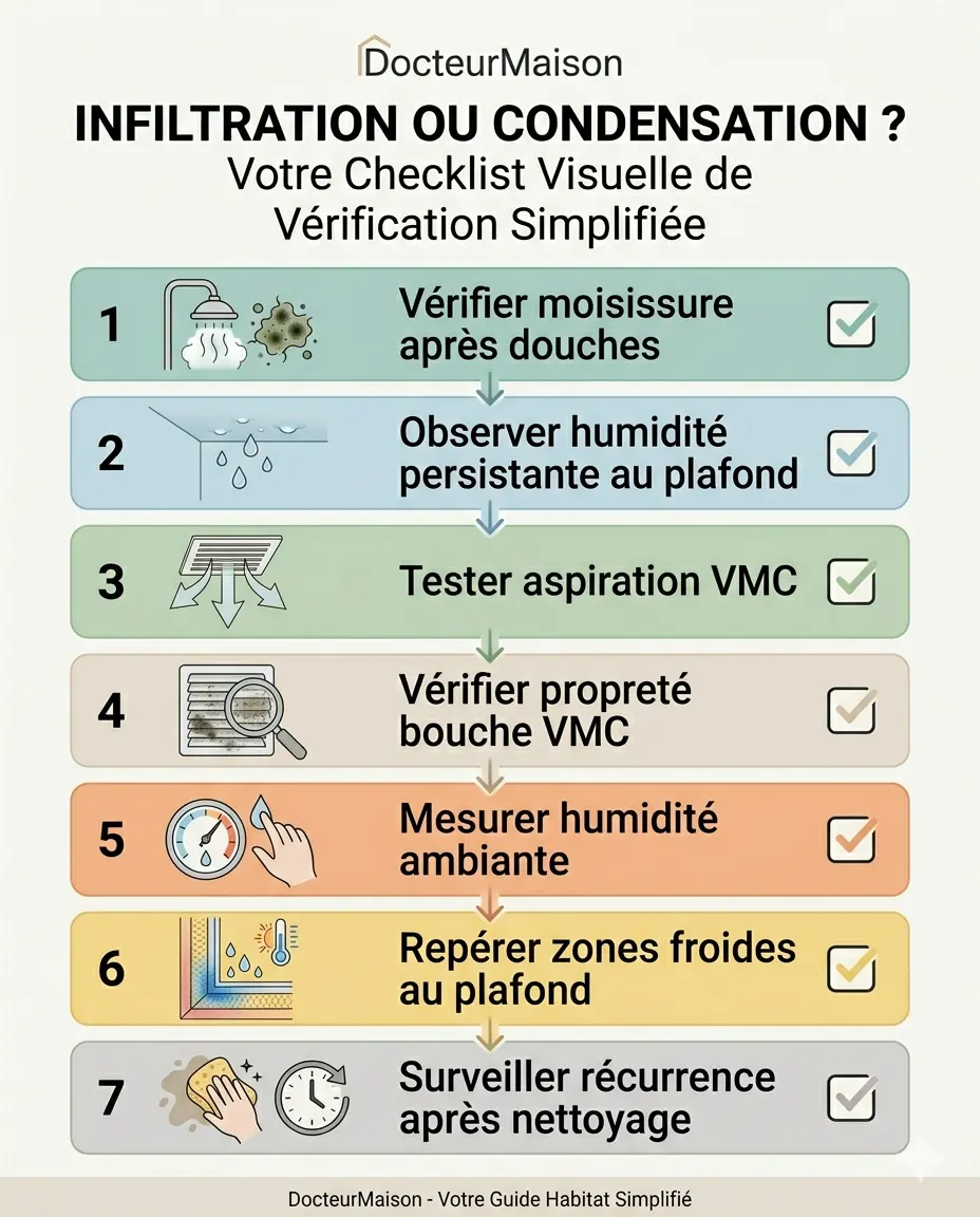 Checklist visuelle DocteurMaison : Infiltration ou condensation : comment faire la différence ?